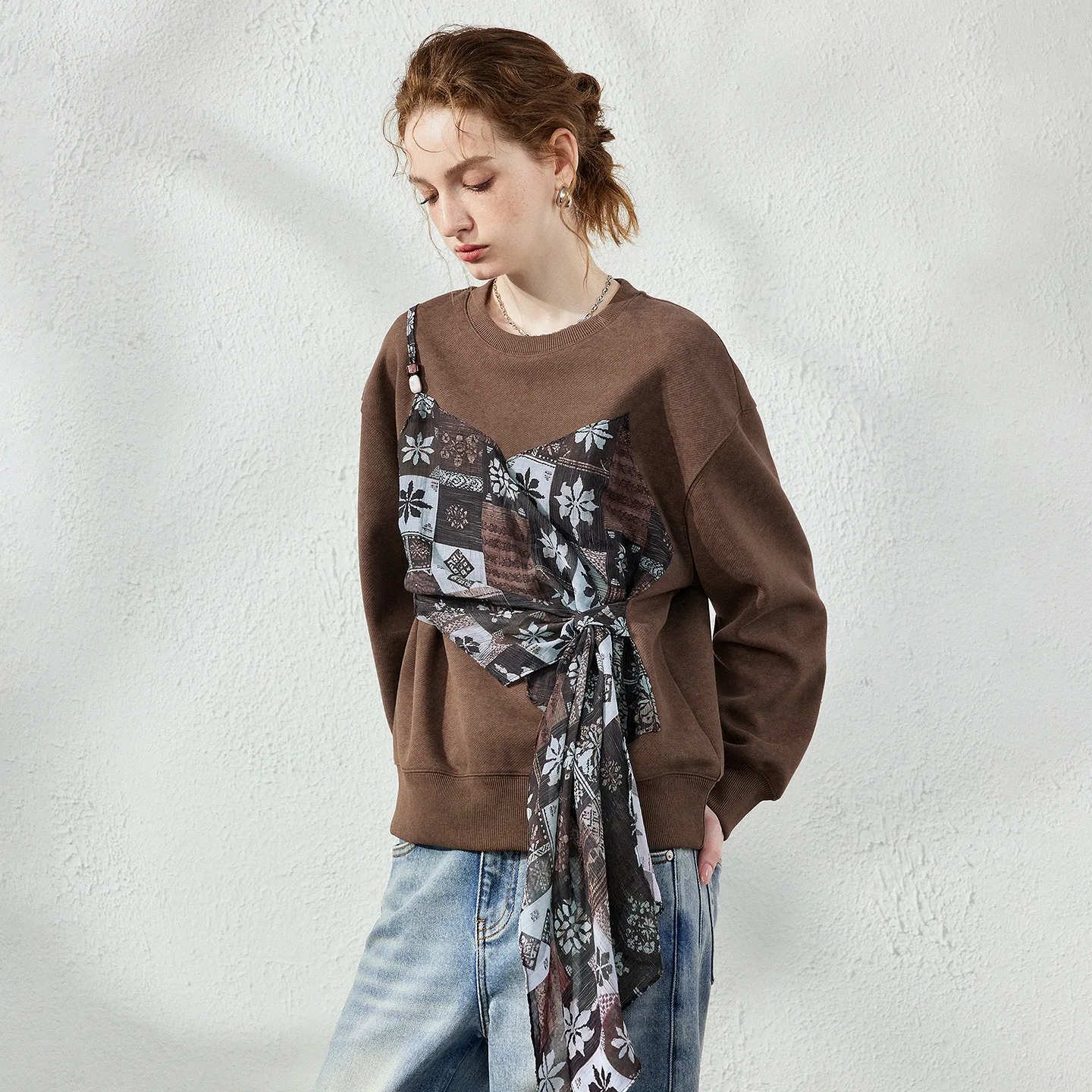 TOYOUTH Women's Fake Two Piece Spliced Sweatshirt Fall 2026 Loose Wrap Design Urban Nomad Retro Pullover Top