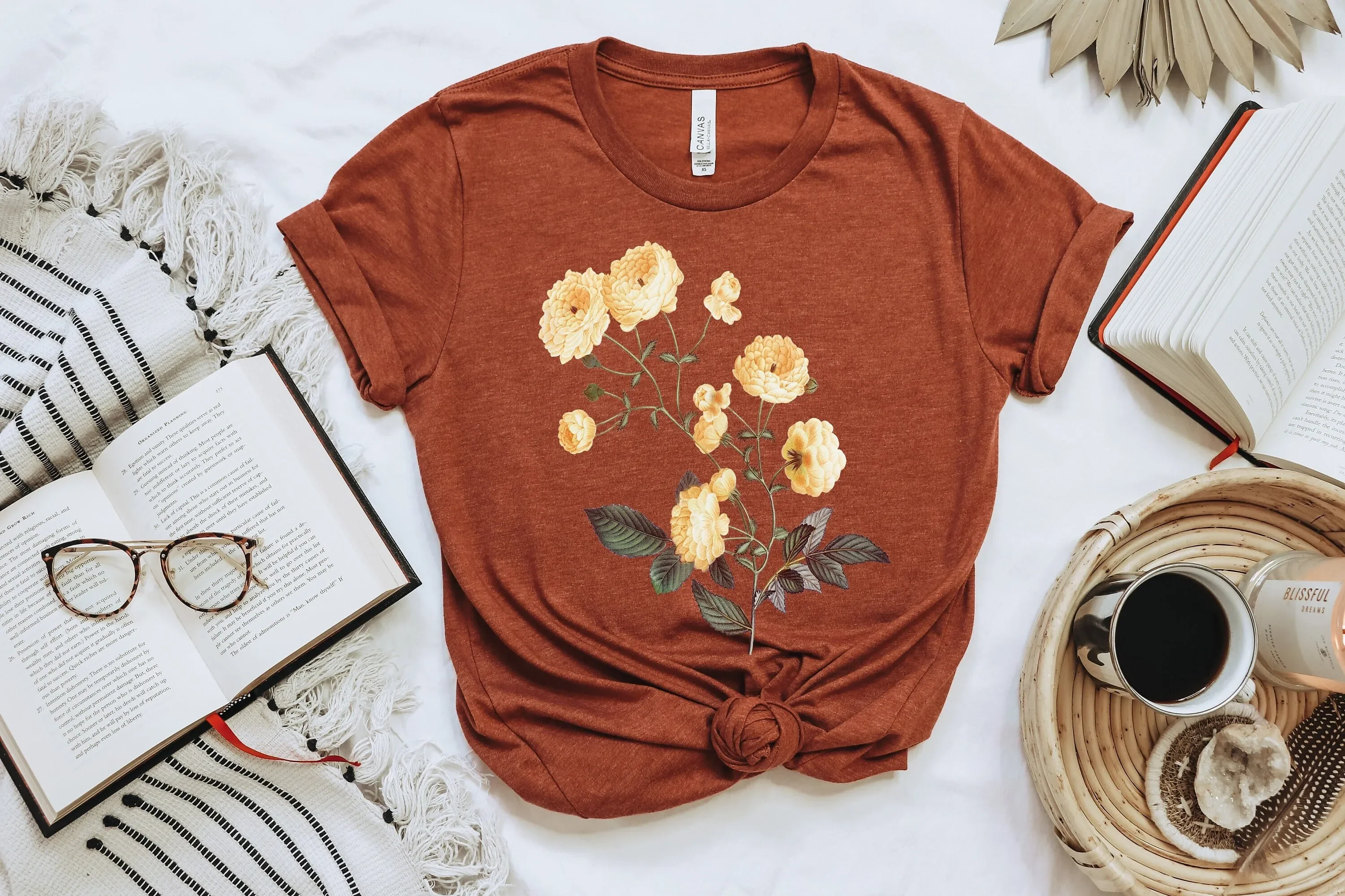 Camiseta Boho con Estampado de Rosas Amarillas y Flores Silvestres para Mujer, Estilo Cottagecore, Camping, Botánico, Oversize, Vintage