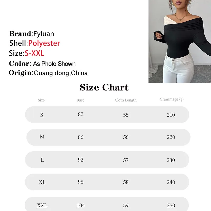 Prosta damska odzież z odkrytymi ramionami, nieregularny dekolt, długi rękaw, dopasowana koszulka, blokowanie kolorów, seksowne obcisłe bluzki damskie, łączona od wewnątrz.