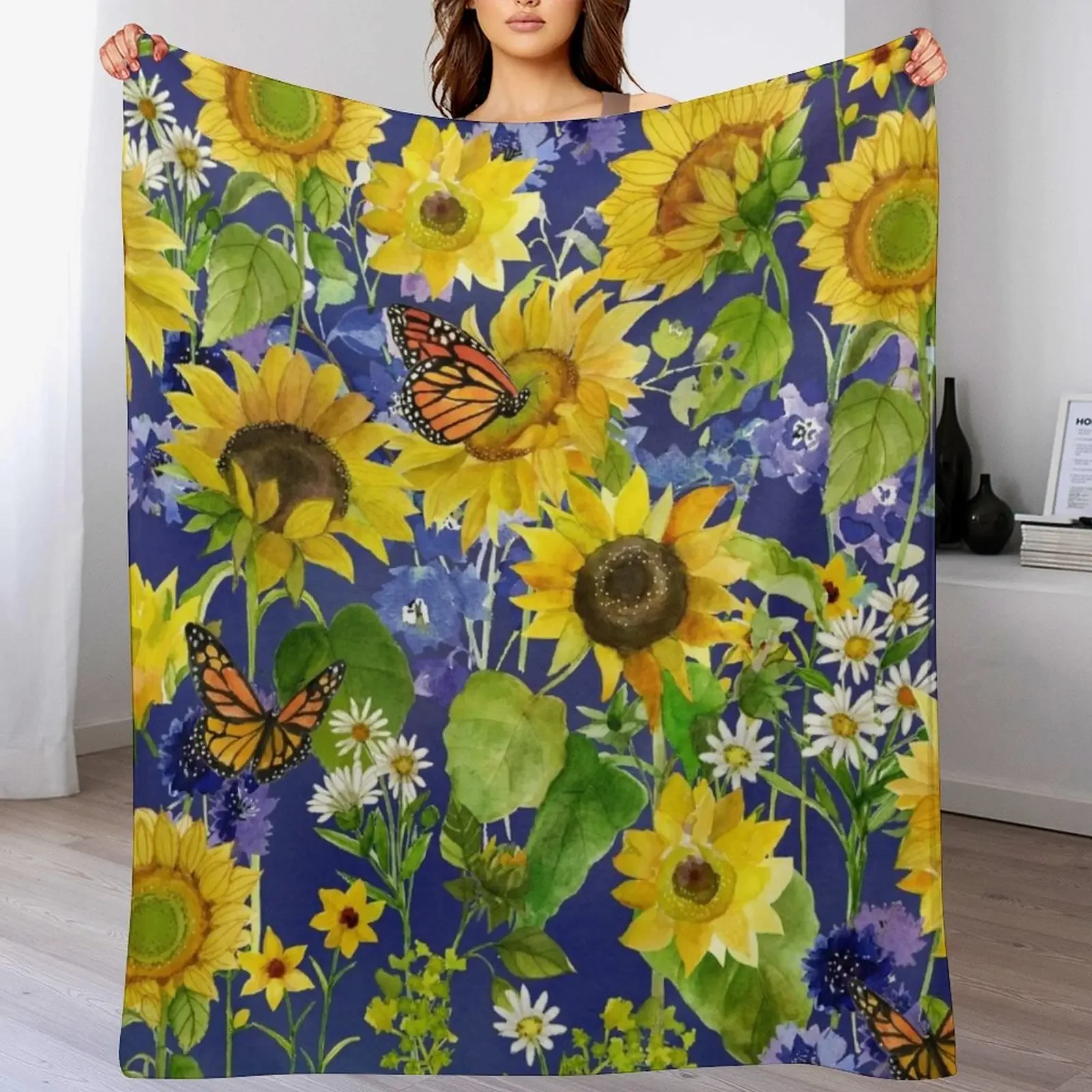

Sunflowers and butterflies classic floral Throw Blanket manga Flannels Loose Sofa Blankets