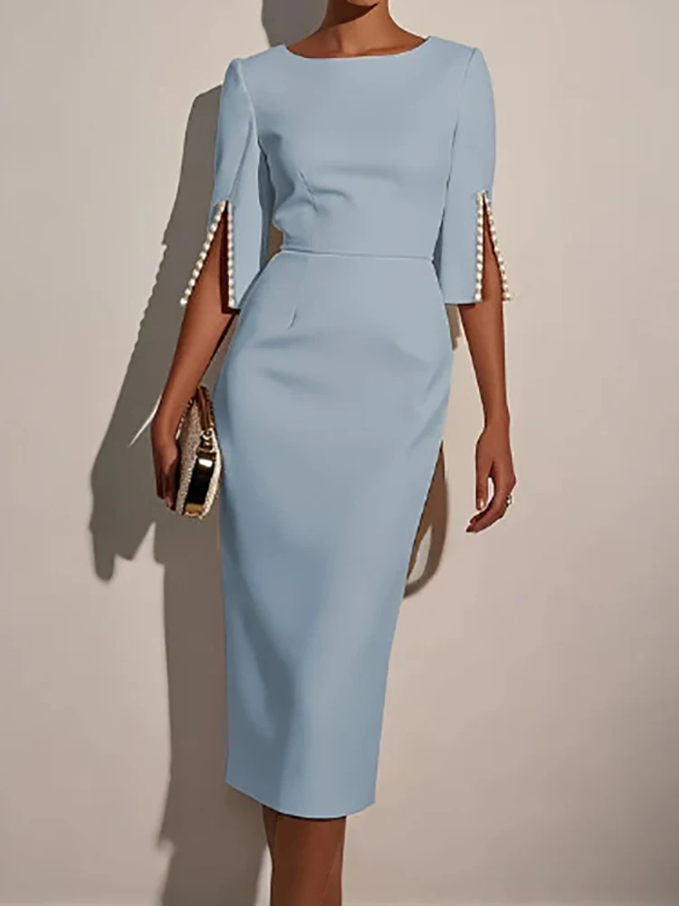 New Solid Patchwork Elegant Party Dress, Women Spring Summer O Neck Simple Maxi Dress, Three Quarter Sleeve Fashion Ladies Dress