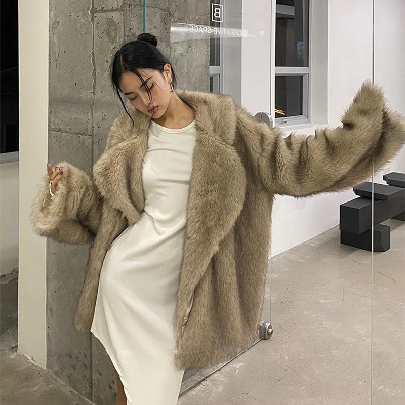 Faux Fox Fur Coat Women 2022 New Winter Warm Cardigan Jacket Lambswool Mid-Length Lapel Loose Plush Coat Oversized Teddy Jacket