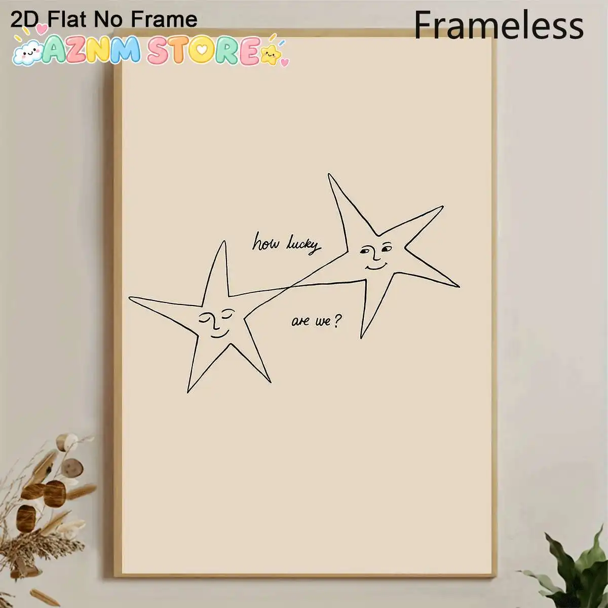2D Flat 2027   Frameless Canvas Poster, Two Smiling Stars Saying How Lucky Are We, Abstract Starry Art, Wall Art Canvas Paint