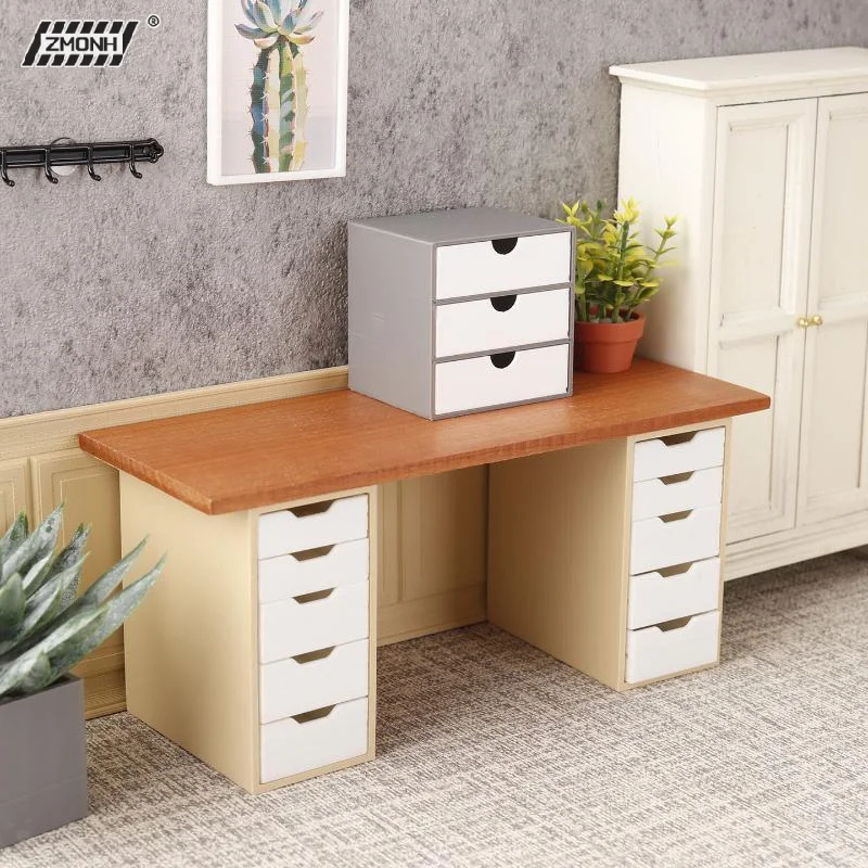 H 1:12 Dollhouse Miniature Miniature Office Desk And Filing Cabinet Furniture Living Room Model Craft Decor Toys