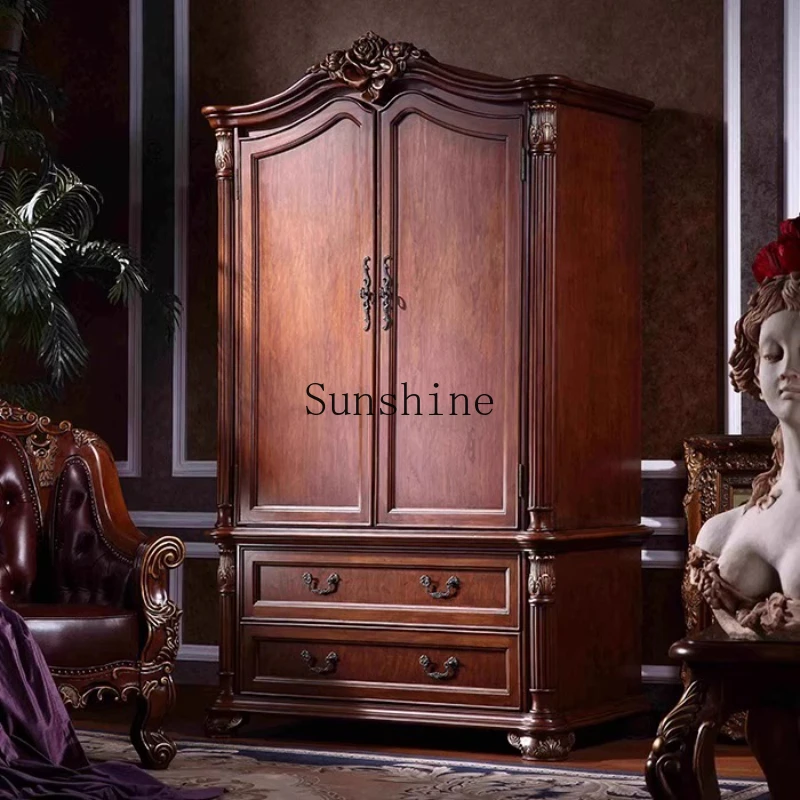 

American country carved solid wood retro old two-door wardrobe small apartment bedroom wardrobe storage storage