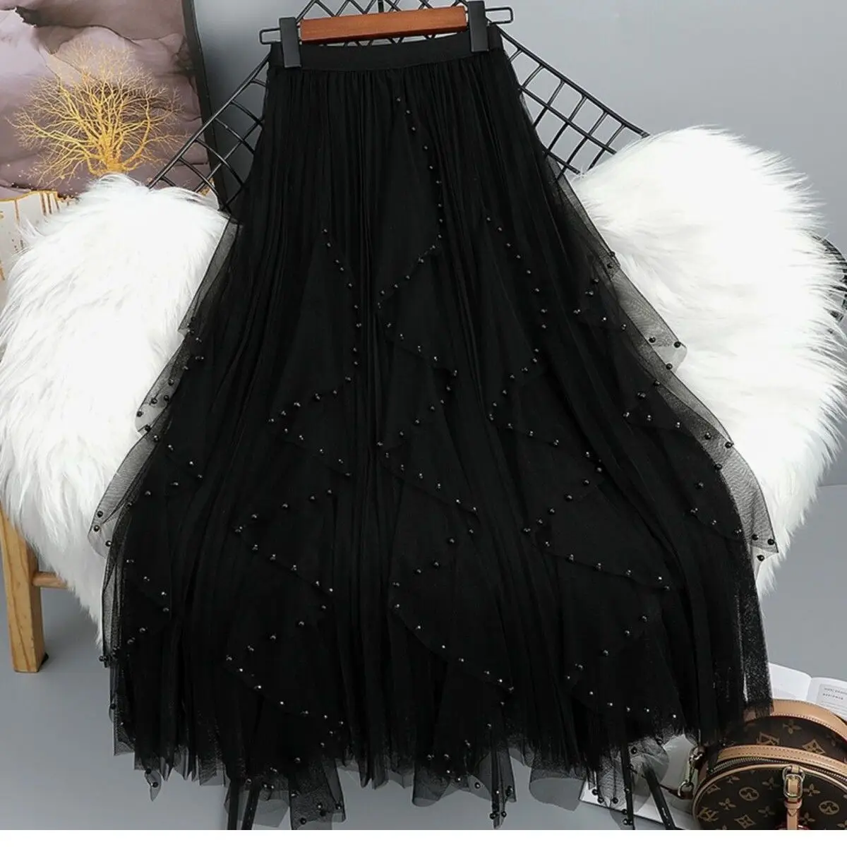 2026 Spring Summer New Beaded Irregular Skirts Female Foreign Trade Gauze Skirt Women's Stitching Long Irregular Skirt Feminine