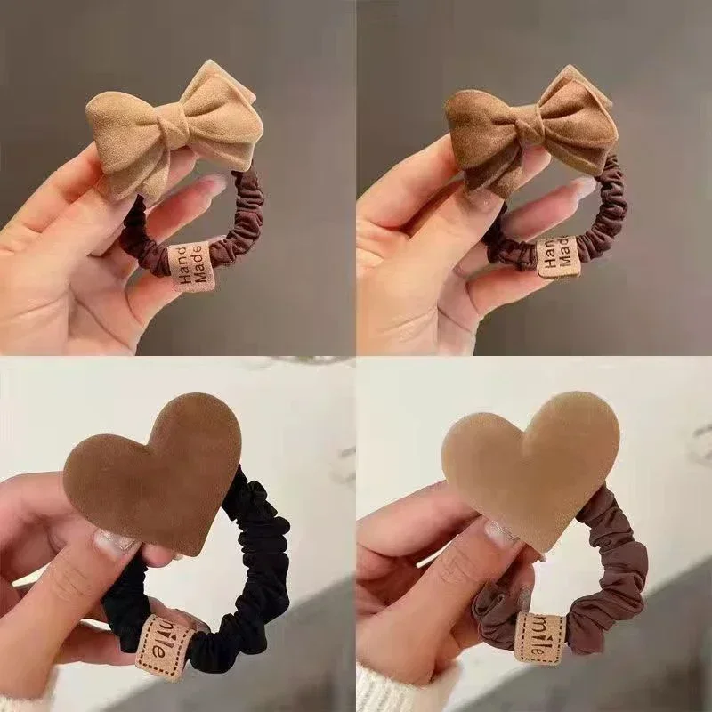 

Cute Bow Knot Heart Scrunchies Hair Tie Solid Color Plush Hair Bands Women Girls High Elastic Rubber Ponytail Holder Accesories