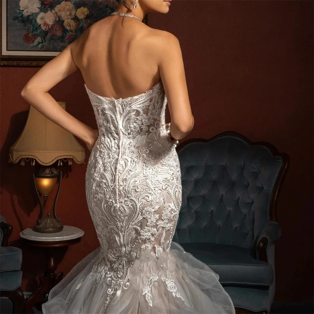 Lindo vestido de casamento sereia querida pescoço sem mangas sem costas vestidos de noiva apliques rendas varredura trem vestidos personalizados