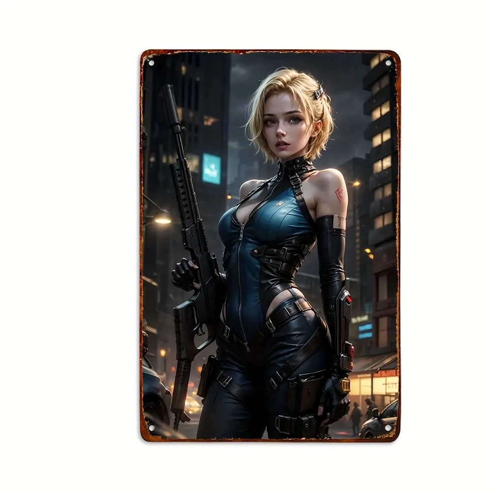 Anime Metal Sign - Cool Women with Guns Retro Sci-Fi Wall Art,  Premium Tin Pre-Drilled Holes,