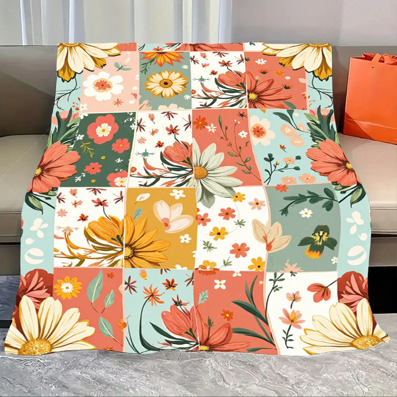 

1pc Flannel Blanket Retro Floral Patchwork Quilted Blanket for Cozy Living Room Decor
