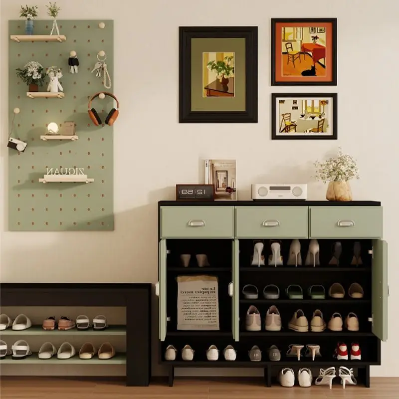 Solid wood color matching, antique shoe cabinet, storage cabinet integrated