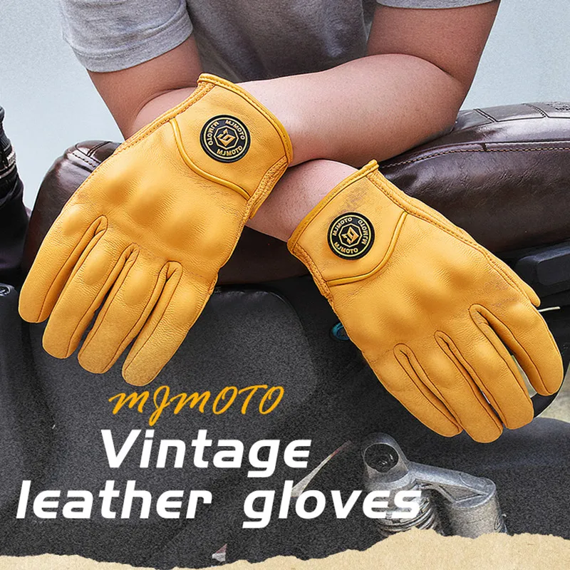 Retro Yellow Leather Motorcycle Gloves Vintage Men Motorbike Racing Gloves Touch Screen Breathable Moto Biker Motocross Gloves