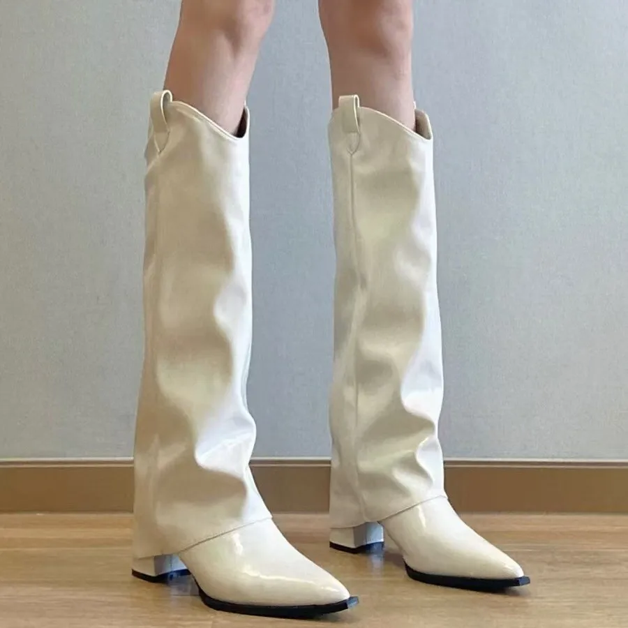 

High Tube Pants Boots For Women White 2024 Autumn Winter New Pointed Toe Over-the-Knee Long Boots, Chunky Heel Mid Length Boots