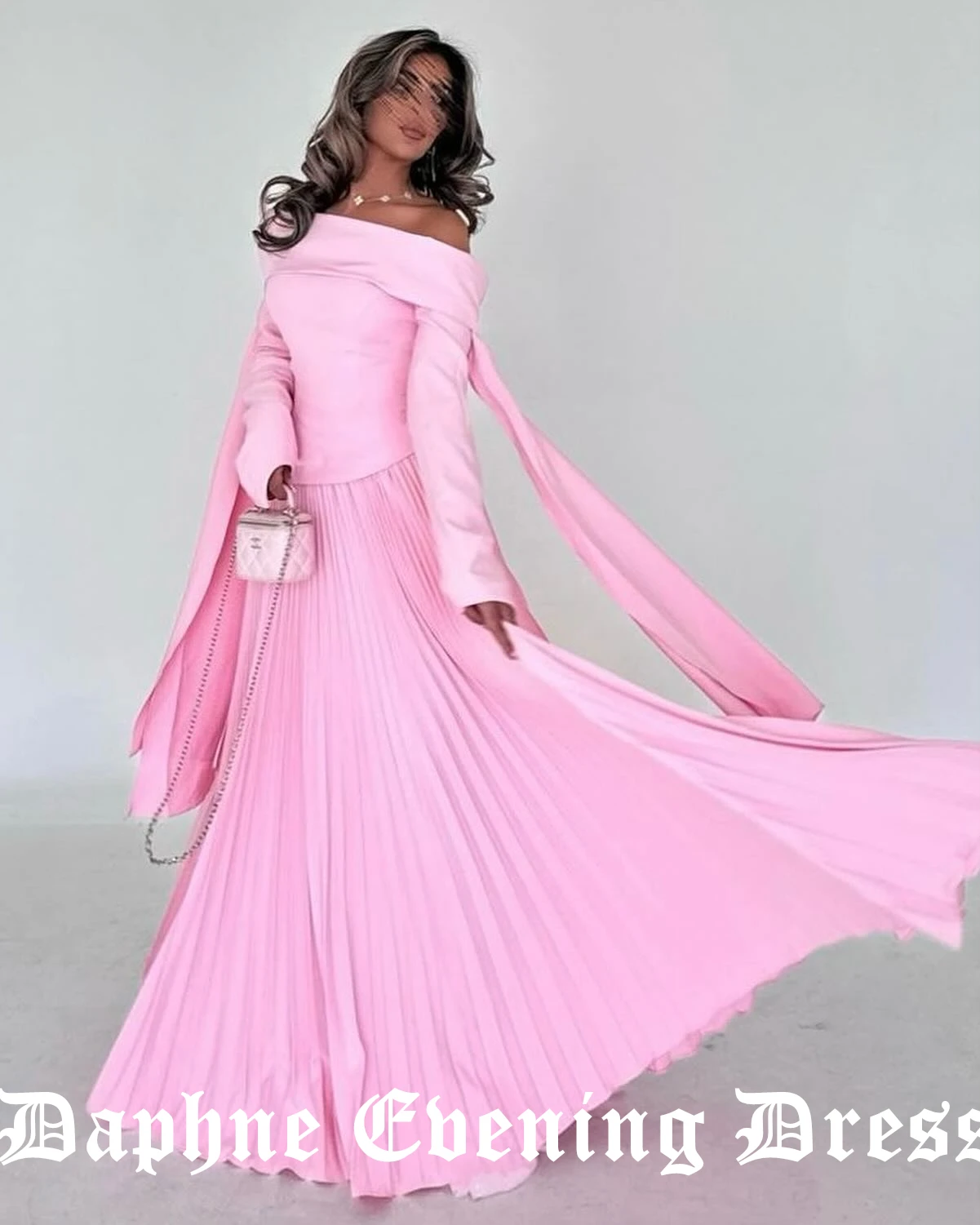 Customized Pink Chiffon Off the Shoulder Evening Dresses Formal and Classic Boat Neck A-Line Long Sleeves Sweep Train Party Gown