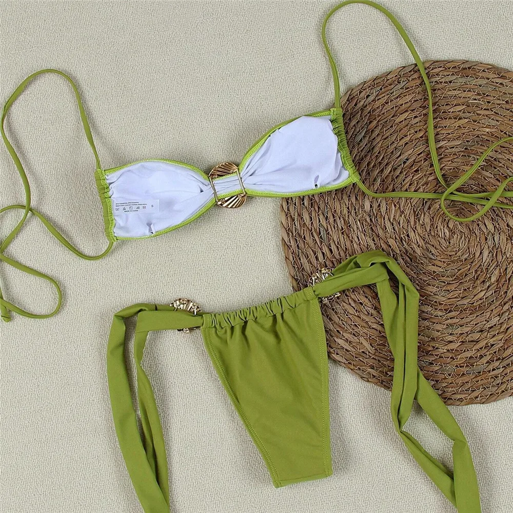 Green Metal Shell Ornament Swimwear String Micro Bikini Thong Sexy Swimsuit Women 2026 Knotted Bathing Suit Biquinis Bikinis Set