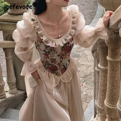 Women Vintage Floral Print Ruffles Sweet Elegant Princess Dresses Y2K Harajuku Long Sleeve Slim Lolita Fairy Midi Dress Vestidos