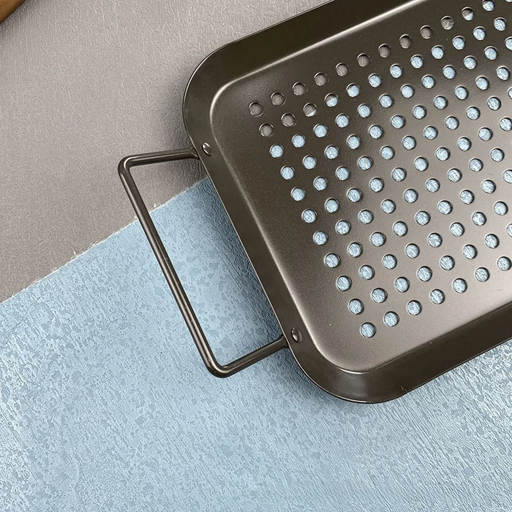 Carbon Steel BBQ Grill Pan with Handle for Indoor Outdoor Grilling Roasting Drainage Holes Ergonomic Grip Square Tray