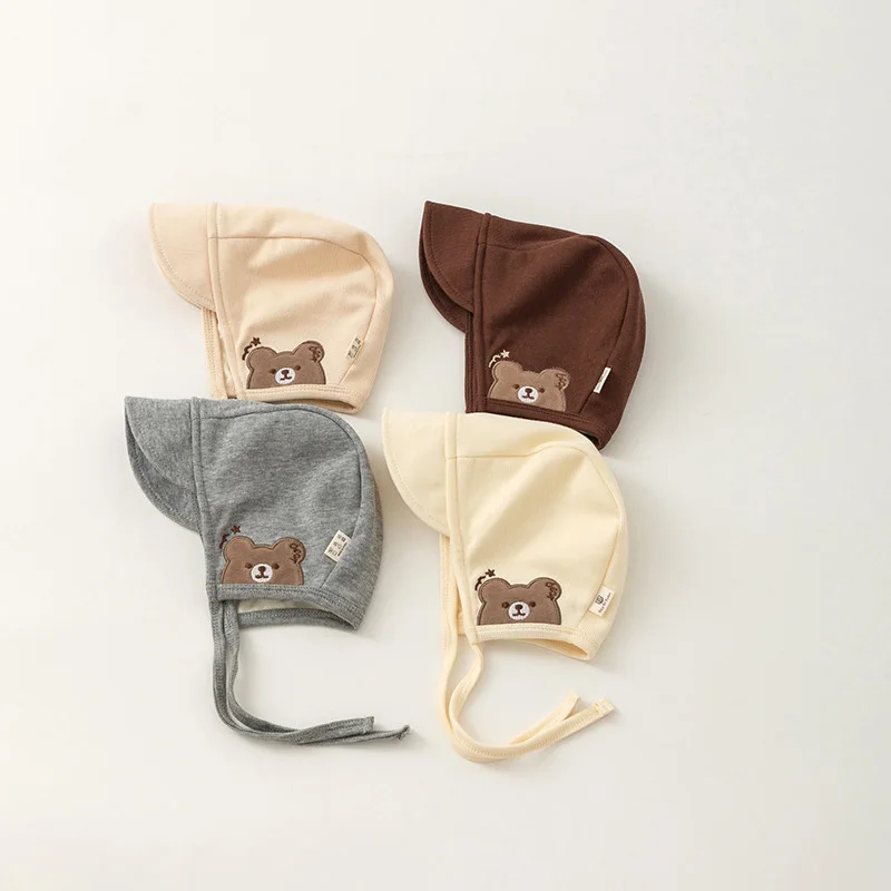 

Защитная шапка для ушей с милым медведем, головной убор для новорожденных, шапка для мальчиков и девочек от 1 до 12 месяцев, весенне-осенние шапочки на шнуровке, детские козырьки от солнца