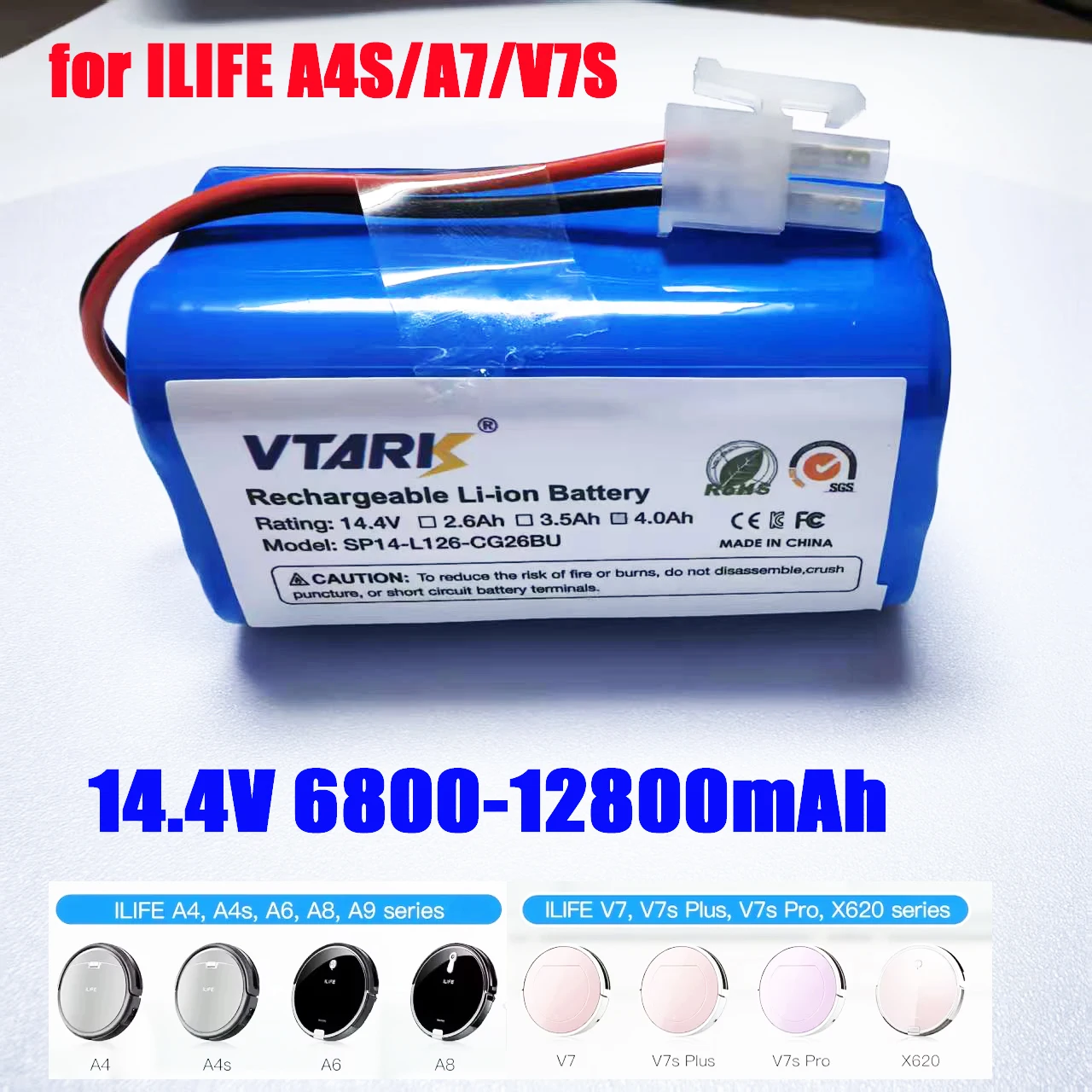 

★★★★★For ILIFE A4 A4s V7 A6 V7s Plus robot vacuum cleaner battery, 14.4V12.8Ah large capacity rechargeable battery,