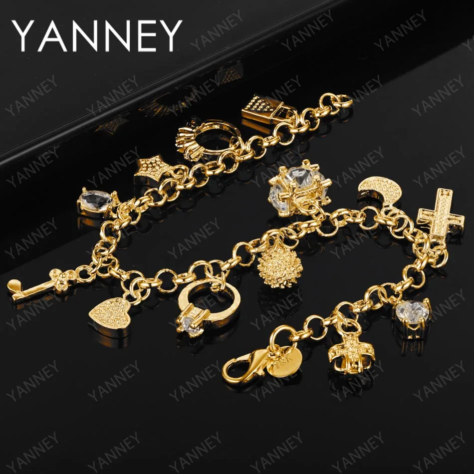 925 Sterling Silver 18K Gold 8 Inches Wykwintna bransoletka z cyrkoniami w kształcie krzyża i księżyca dla kobiet Urok Prezent na imprezę Biżuteria modowa