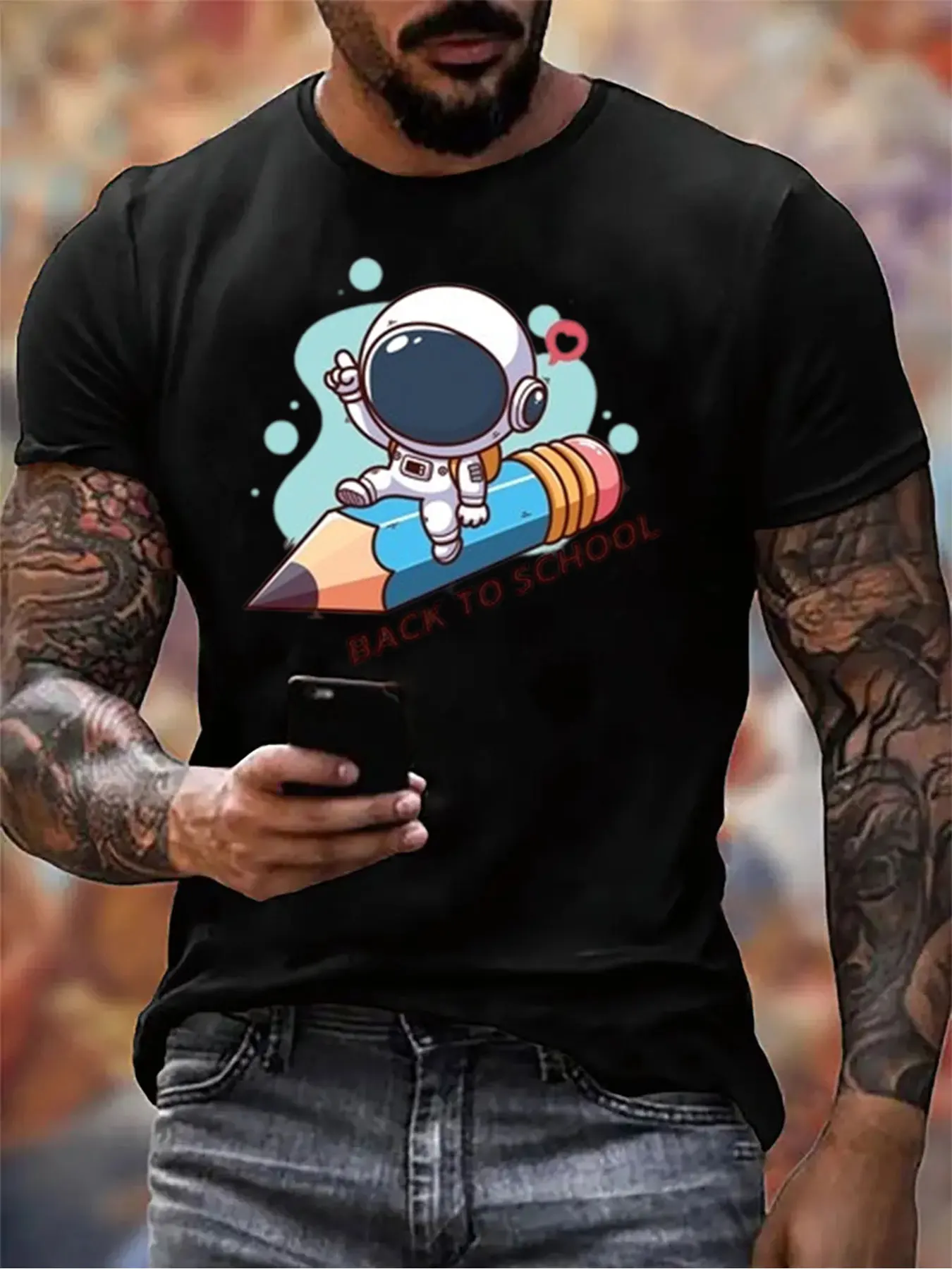 

Men's Cotton Astronaut Pencil Print Tee For Christmas Gift, Soft Crew Neck Shirt For Outdoor Activities, Top For Him
