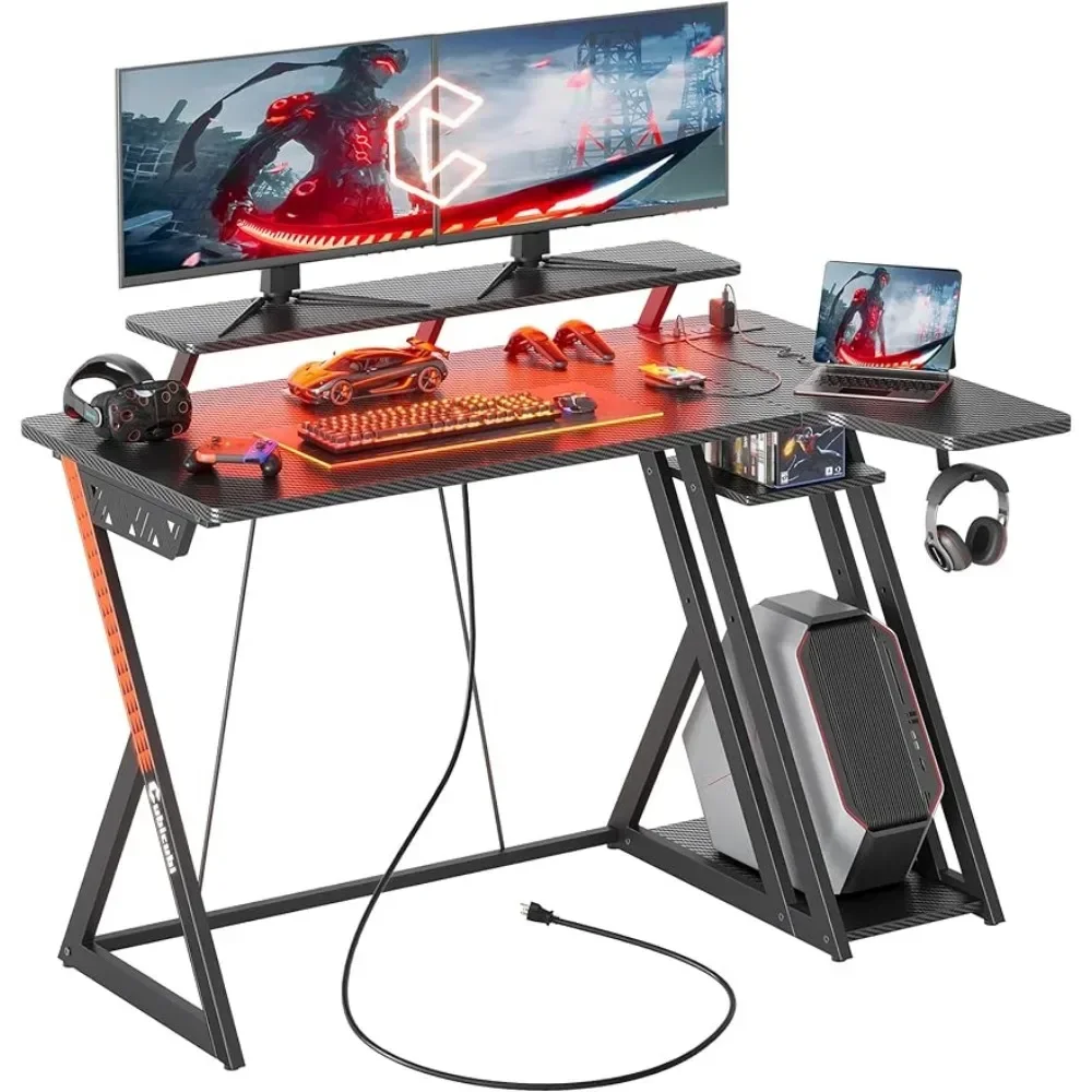 Gaming Desk with LED Lights Power Outlets,40 Inch L Shaped Carbon Fiber Surface withs Storage Shelves,Black Computer Desks