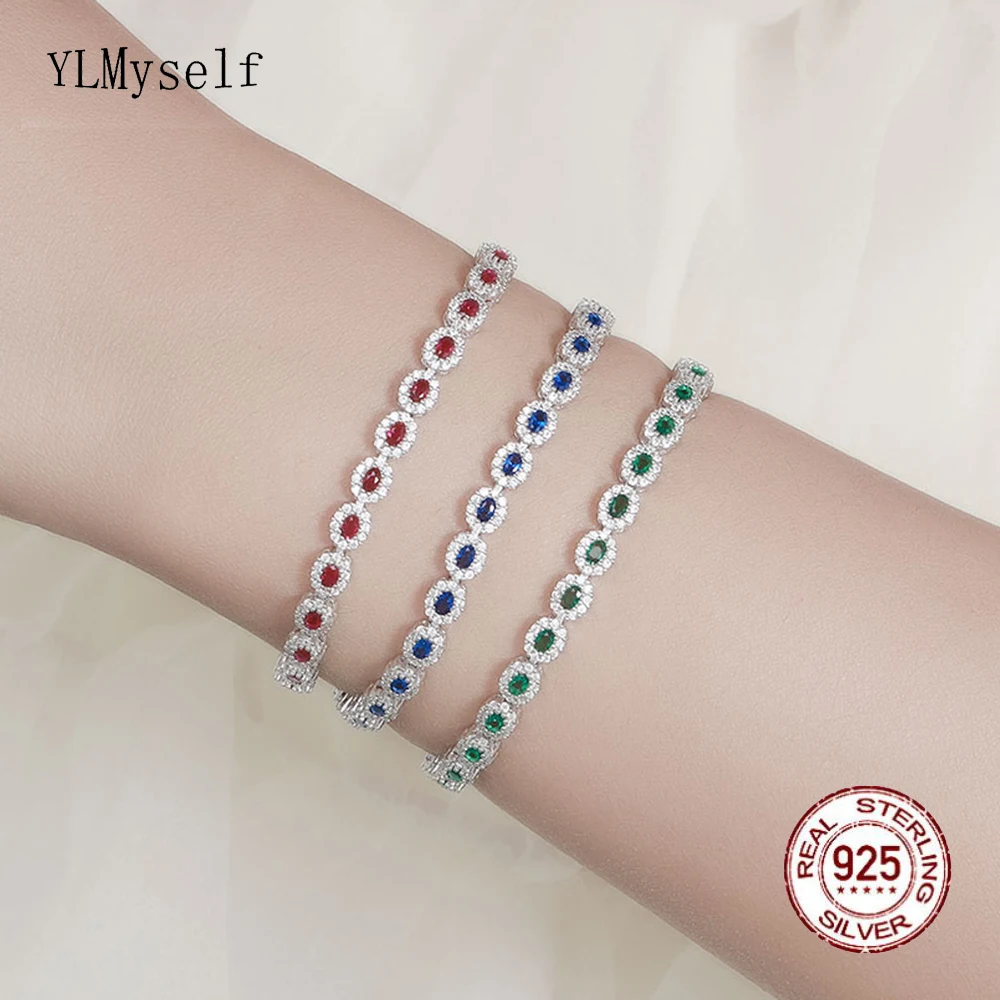 

YLMyself 925 Sterling Silver Charm Bracelet With Oval Ruby/Emerald/Montana CZ, Bridal Engagement Gift Fine Jewelry