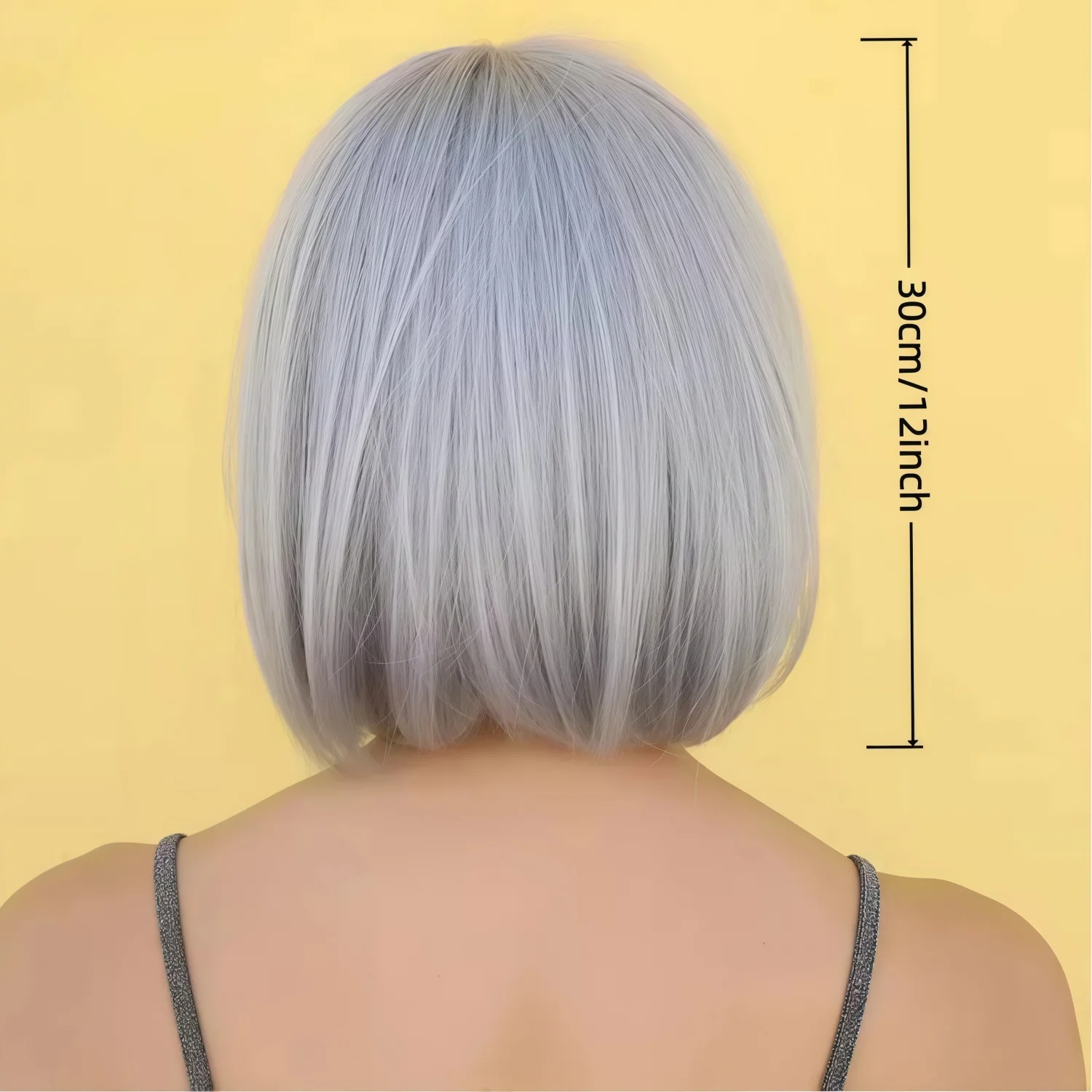 12-inch Grey Straight Synthetic Bobo Bangs Wig, Role-Playing, Costumes, Wigs for Cosplay, Parties, Stage Performances, Music Fes