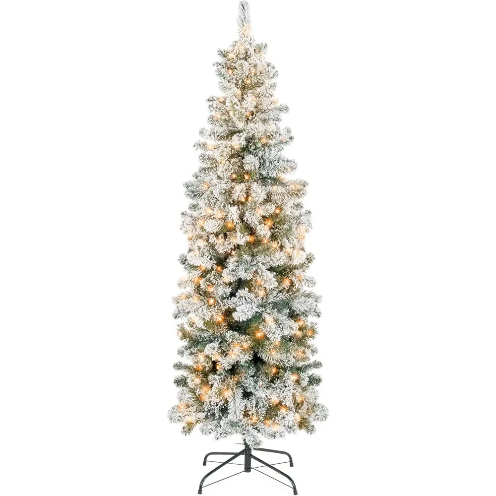 Flocked Pencil Christmas Tree, Pre-Lit Slim Artificial Holiday Decoration, 7.5ft Lighted Skinny w/Base