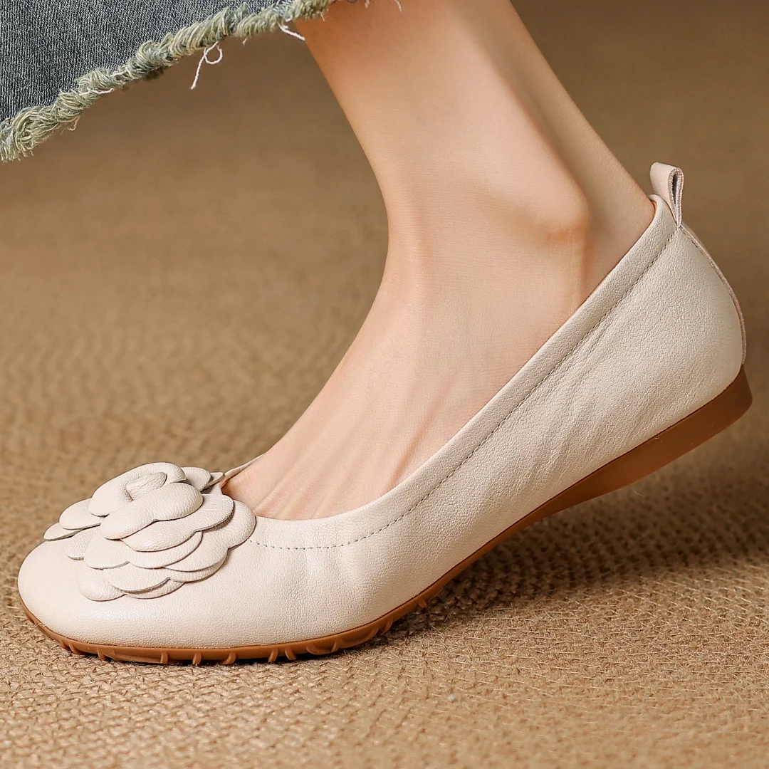 

Women's sheepskin square toe flower decoration slip-on ballet flats high quality soft comfortable sweet ladies ballerinas shoes
