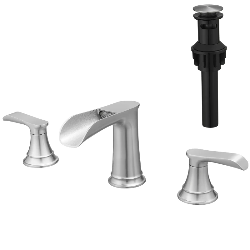 

Bathroom Faucets for Sink 3 Hole Brushed Nickel 8 inch Widespread Bathroom Sink Faucet with Pop Up Drain Double Lever Handle