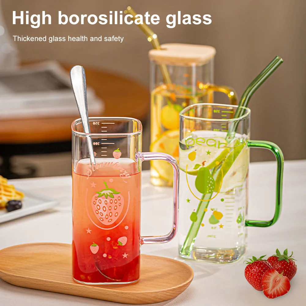 350ML lovely glass cups square water cup heat-resistant milk juice beverage mug with lid and straw coffee mugs  wine glass set