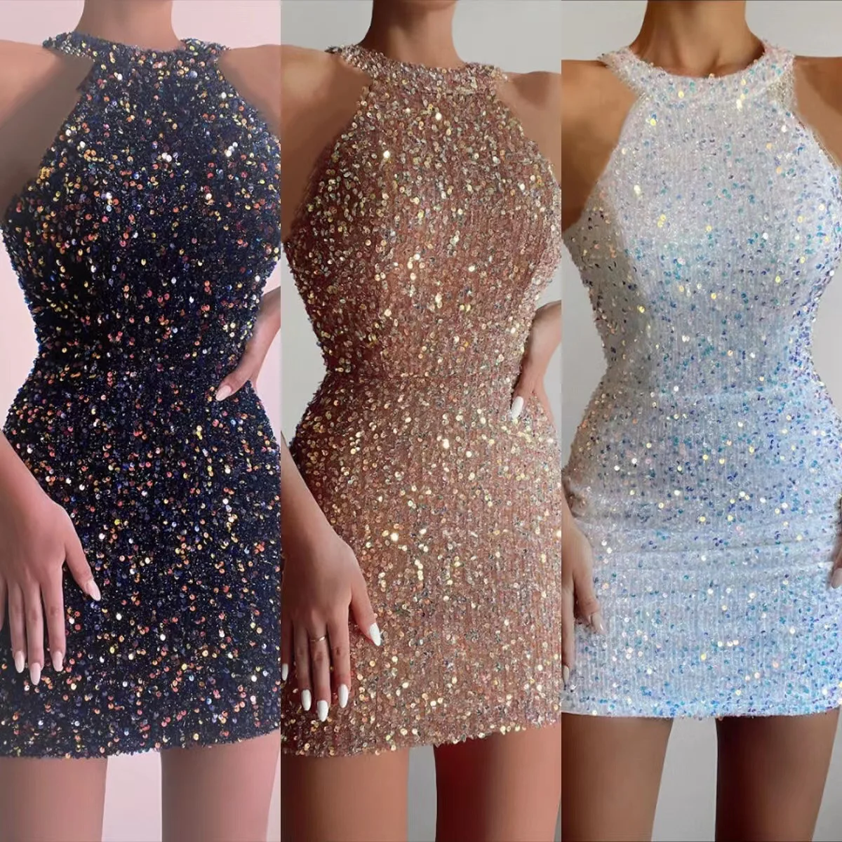 

2024 New Fashion Hanging Neck Sexy Crystal Tassel Wrap Hip Sequin Mid Waist Evening Dress