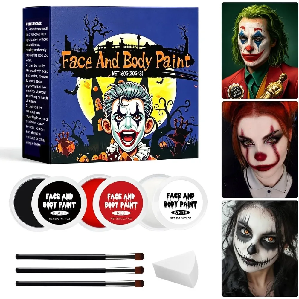 Halloween Face Paint SFX Makeup Kit Red Black White Body Paint Full Coverage Cosplay Skull Vampire Clown Water Based Washable