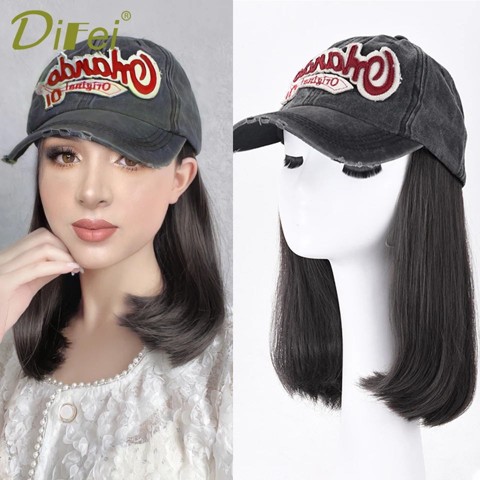 

DIFEI Synthetic Wigs Hat Hair Extensions Mid long Hair Wigs Connect Baseball Cap For Women Spring Summer Hat Wig Adjustable Cap