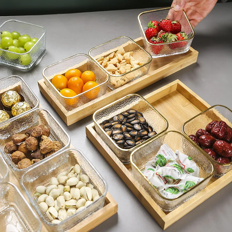 Light Luxury Divided Dry Fruit Plate Household Glass Fruit Snack Plate Bamboo Wood Tray Snack Plate Square Bowl Candy Box