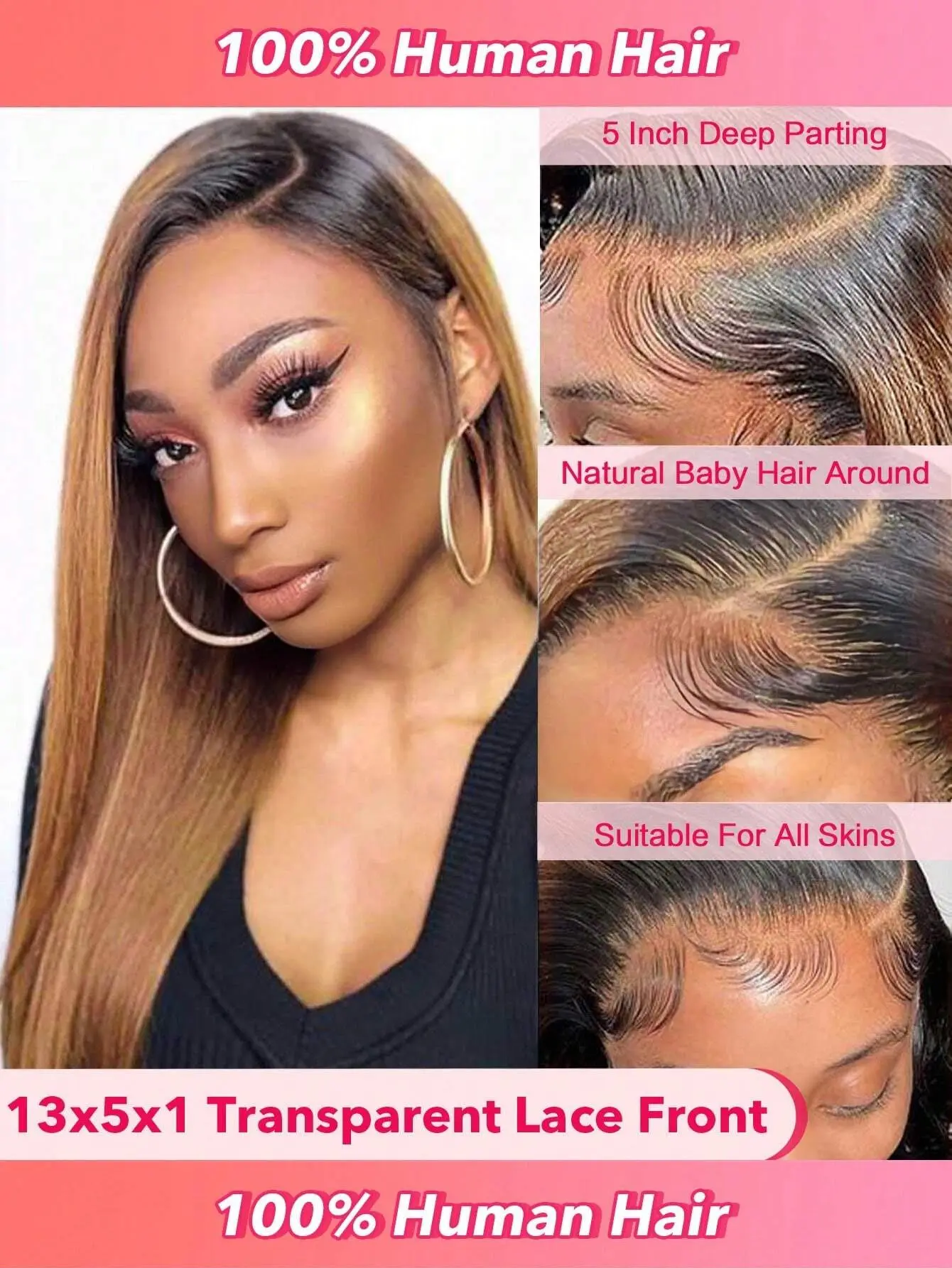 

Straight Lace Frontal Wigs Human Hair Pre Plucked Natural Hairline,13x5x1 Side Part Lace Frontal wig,T1B30 Ombre Honey Color