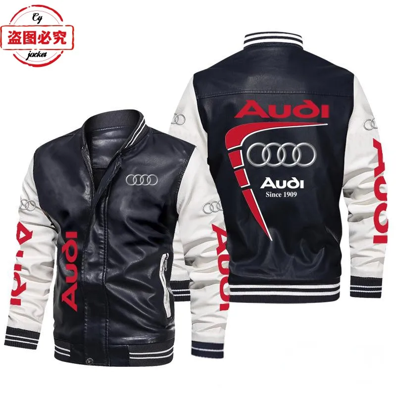 Car LOGO printing color matching retro washed pu leather jacket Audi men's bomber jacket racing suit overalls