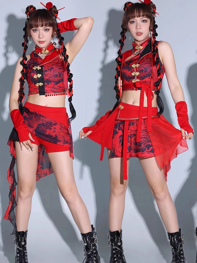 Red Sexy Street Dance Performance Costume for Women's Group Jazz Dance Ensemble Outfit New Model National Trend Kpop