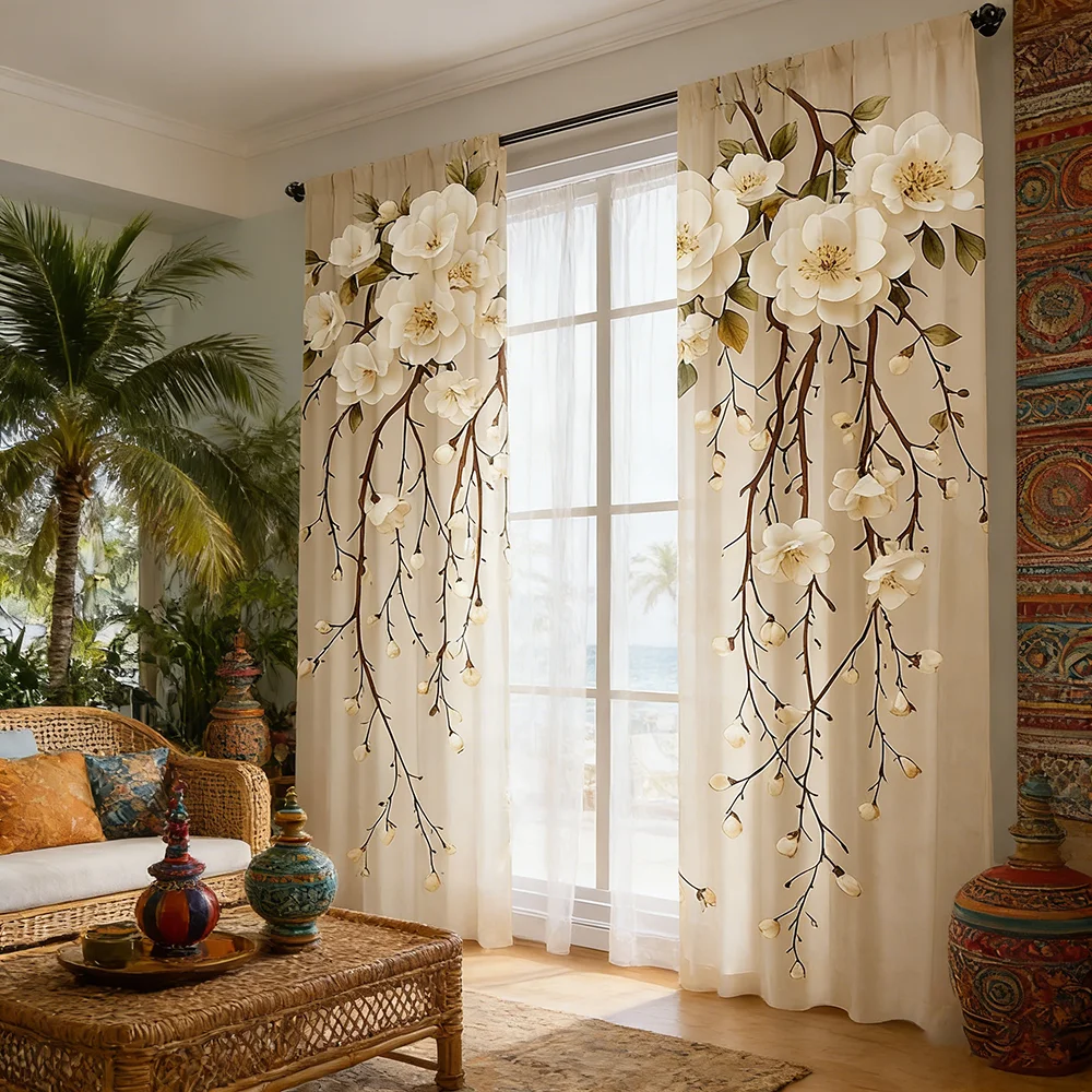 2PCS Digital Printed Curtains, White Plum Blossom Bud Oriental Floral, Modern Home Decor Style for Living Room Bedroom Decor