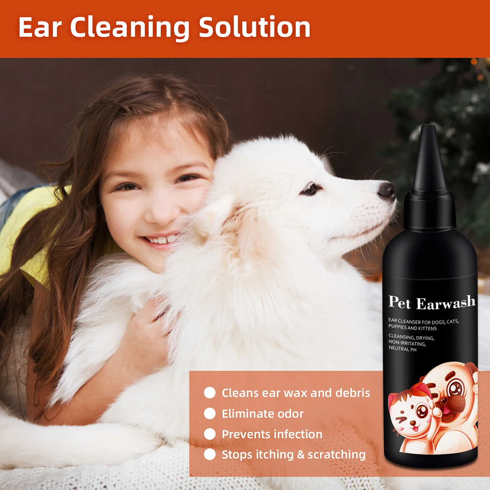 118ml/4oz Dog Ear Cleaner Solution Pet Ear Wash For Ear Infection Control Remove Wax Odor Yeast with 3PZ Big Cotton Swabs