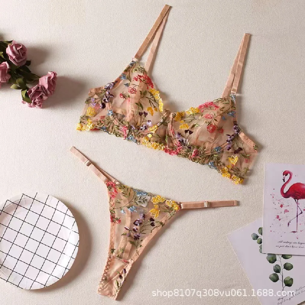 Sexy See-through Countryside Yellow Floral Bra And Thong Set Romantic Underwear for Women