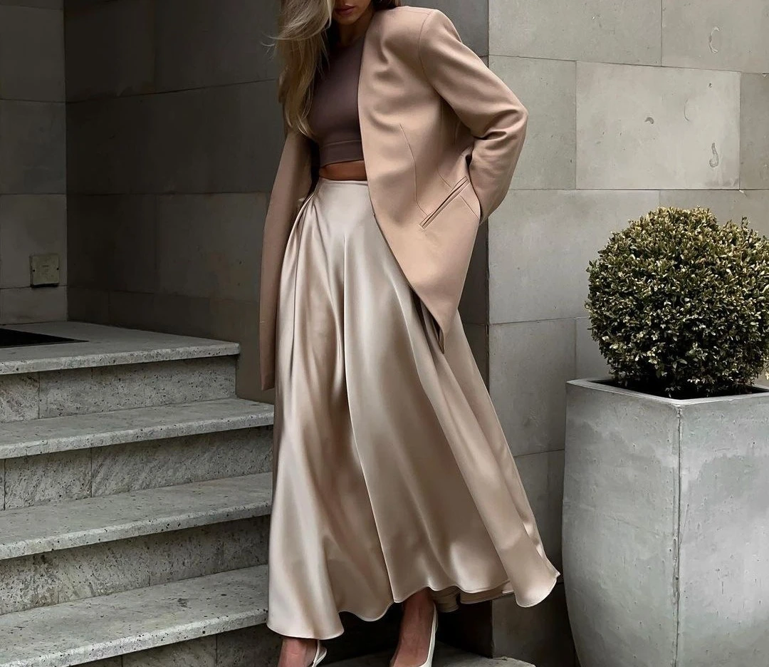 

Skirt women's summer 2025 new temperament elegant high-waisted satin color ding long skirt