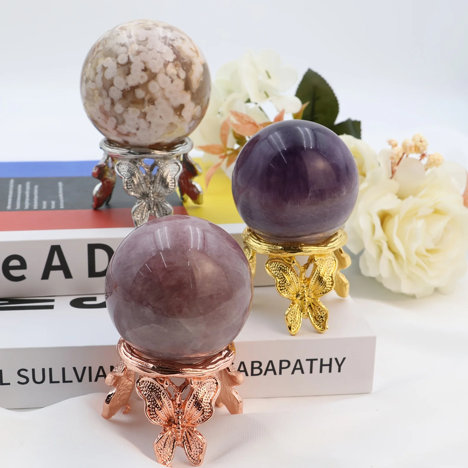 1pc Place 40-90mm Natural Crystal Ball Butterfly Base Metal Holder Sphere Stand Home Decoration To Send Friends Family
