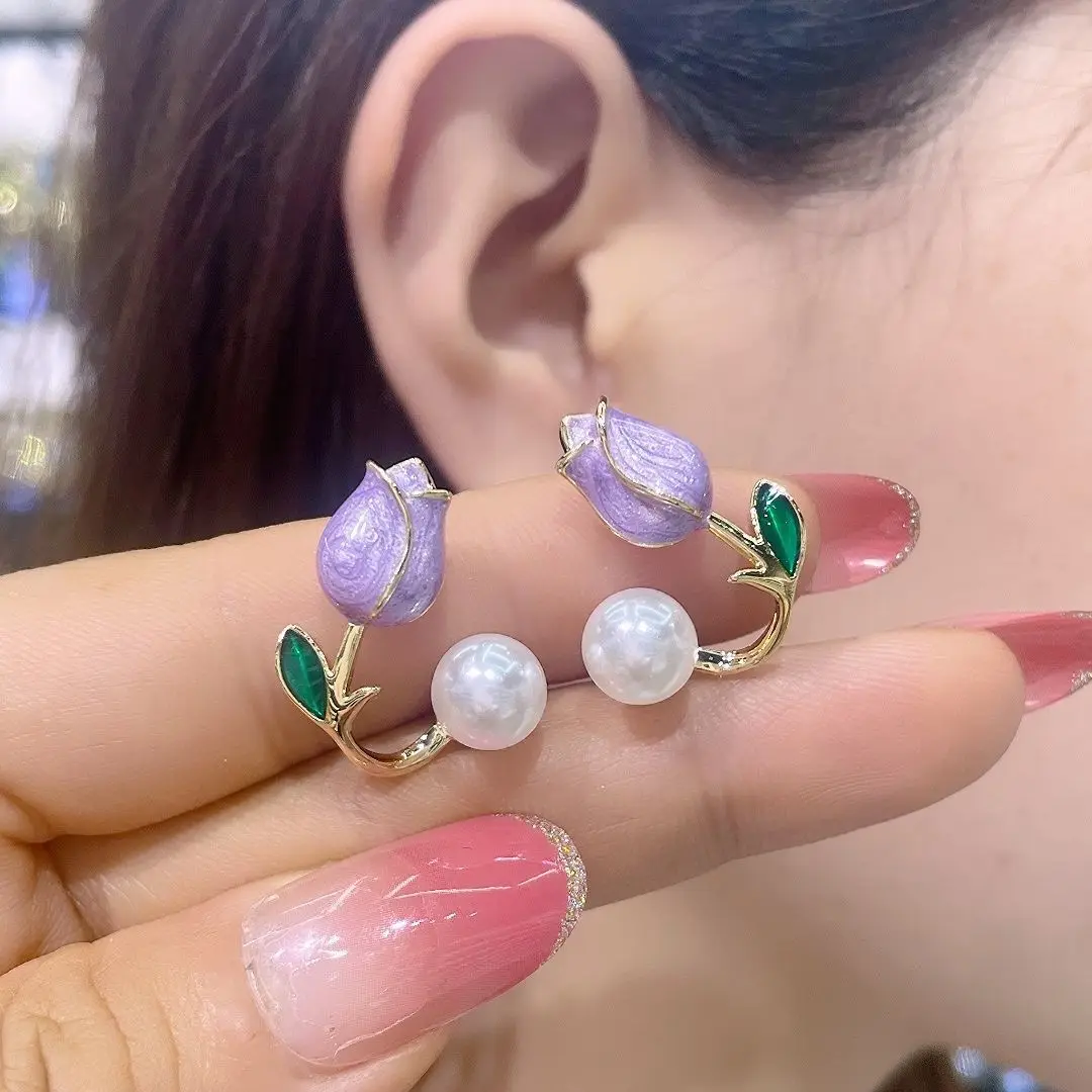 Sweet Fashion Enamel Pearl Tulip Flower Stud Earrings For Women Korean Temperament Zircon Back Hanging Earring Wedding Jewelry