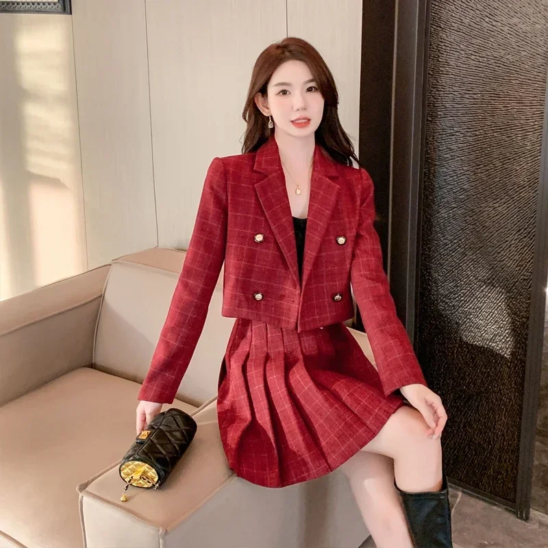 Insozkdg Herfst/Winter Britse Stijl Wollen Korte Blazer Pakken Geplooide Rok Pakken Vintage Geruite Wollen Rok Tweedelige Set