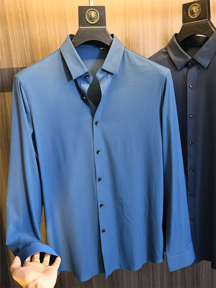 

Sl Pred Series High Elastici Casual Men's irt Pure Color Long Sve Stand Collar Busin Casual Vertical Texture
