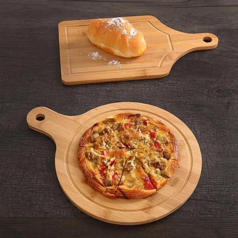 Tagliere per Pizza tagliere in bambù con manico pane tagliato per uso domestico frutta Base rotonda in legno vassoio per alimenti utensili da cucina