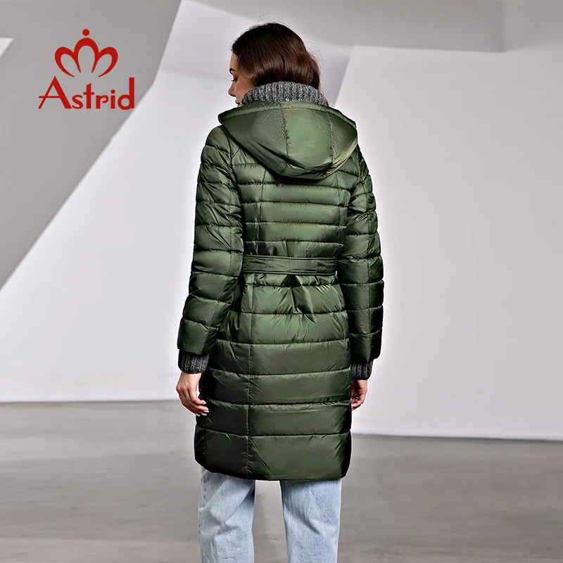 Astrid Women\'s Winter Jacket Hooded Fashion Knitted Wool Spliced Design Belt Long Parkas Warm Thick Padding Puffer Quilted Coat