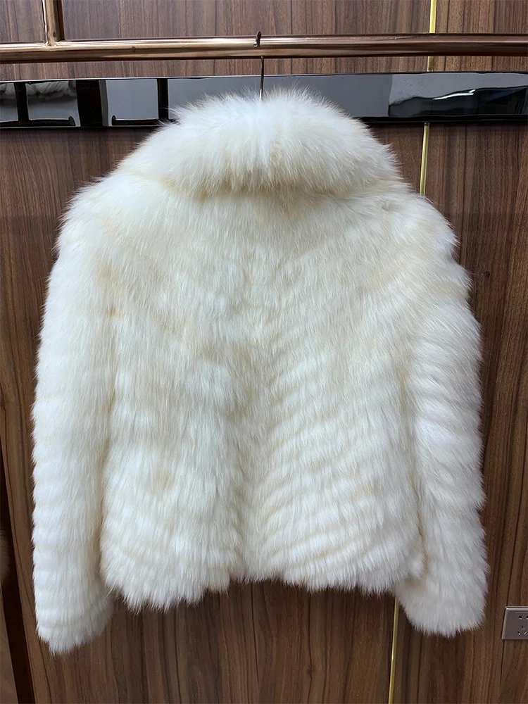 New Winter Women Natural Fox Fur Jackets Real Fur Strip Sewed Toghter Coat Thick Warm Luxury Outerwear Suit Collar Jackets